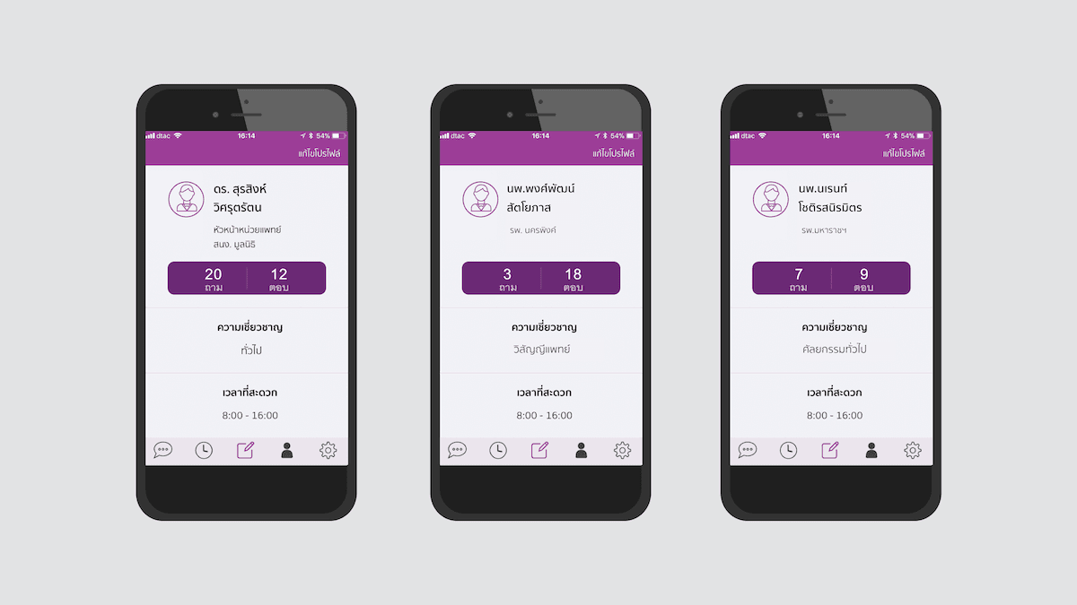 หน้าจอโปรไฟล์แพทย์ใน DV Consult แสดงจำนวนถามและตอบ